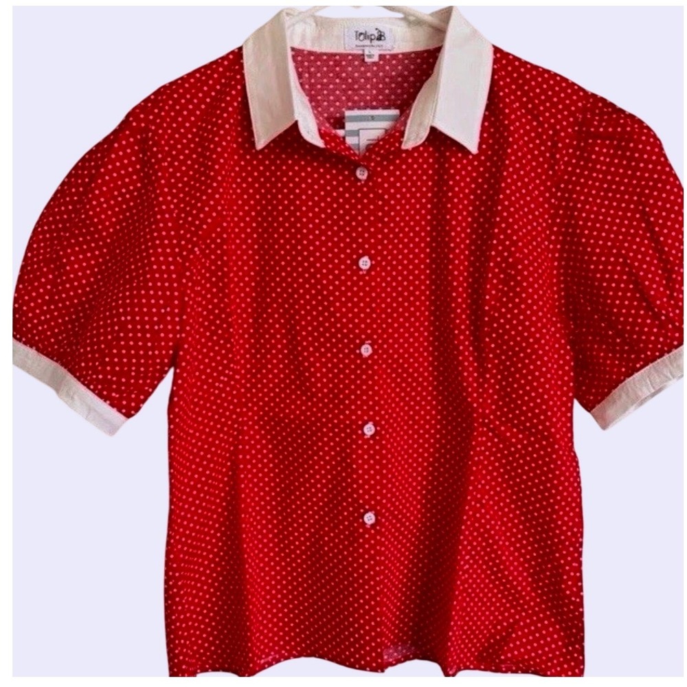 Tulip B Red Polka Dot Puff Short Sleeve Collared Button Down Blouse EBT204 Small